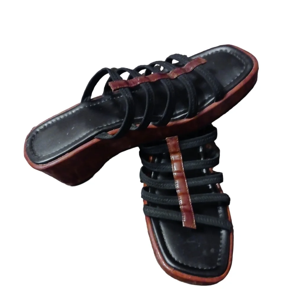 Donald J. Pliner Black and Brown Strappy Wedge Sandals